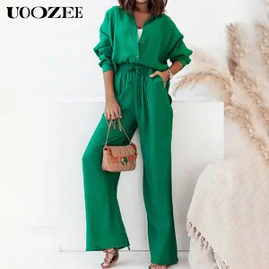 Long Sleeves Buttoned Pockets Solid Color Lapel Shirts Top + Elasticity High Waisted Pants Bottom Two Pieces Set