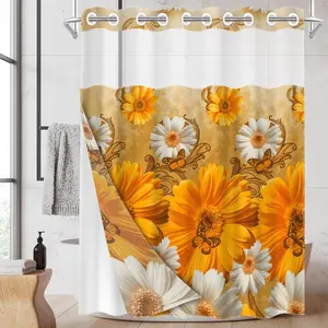 1pc hookless shower curtain with buckle lining, spring yellow and white floral and butterfly design, 2D flat printing, fabric waterproof lining, see-through double-layer shower curtain, 71 x 74 inches, modern home draping curtain, Flower