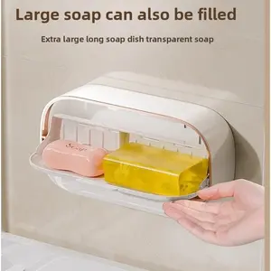 Soap Dish No Drilling Required, Large Dual-Compartment Drainage Soap Holder, Soap Saver, Wall-Mounted Bathroom & Laundry Use, Flip Cover Design, Soap Canister