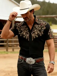 Men's Western Style Printed Short Sleeve Casual Shirt, Vintage Cowboy Men's Shirt, Luxury Baroque Embroidery Western Shirt