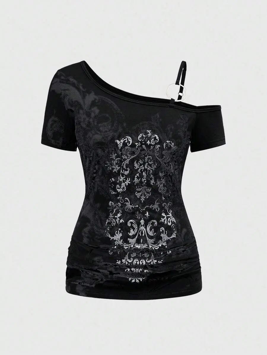 VELORA x Grunge Punk Women Spring Summer Casual Punk Distressed Vine Graphic Round Ring Asymmetric Shoulder Ruched Hem Black Tee