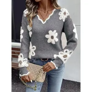 【PlusSize】FloralPrintContrastBinding?ScallopTrim?DropShoulderSweater,CasualLongSleeveVNeckJumperforFall&Winter,Women'sPlusClothingforDailyWear