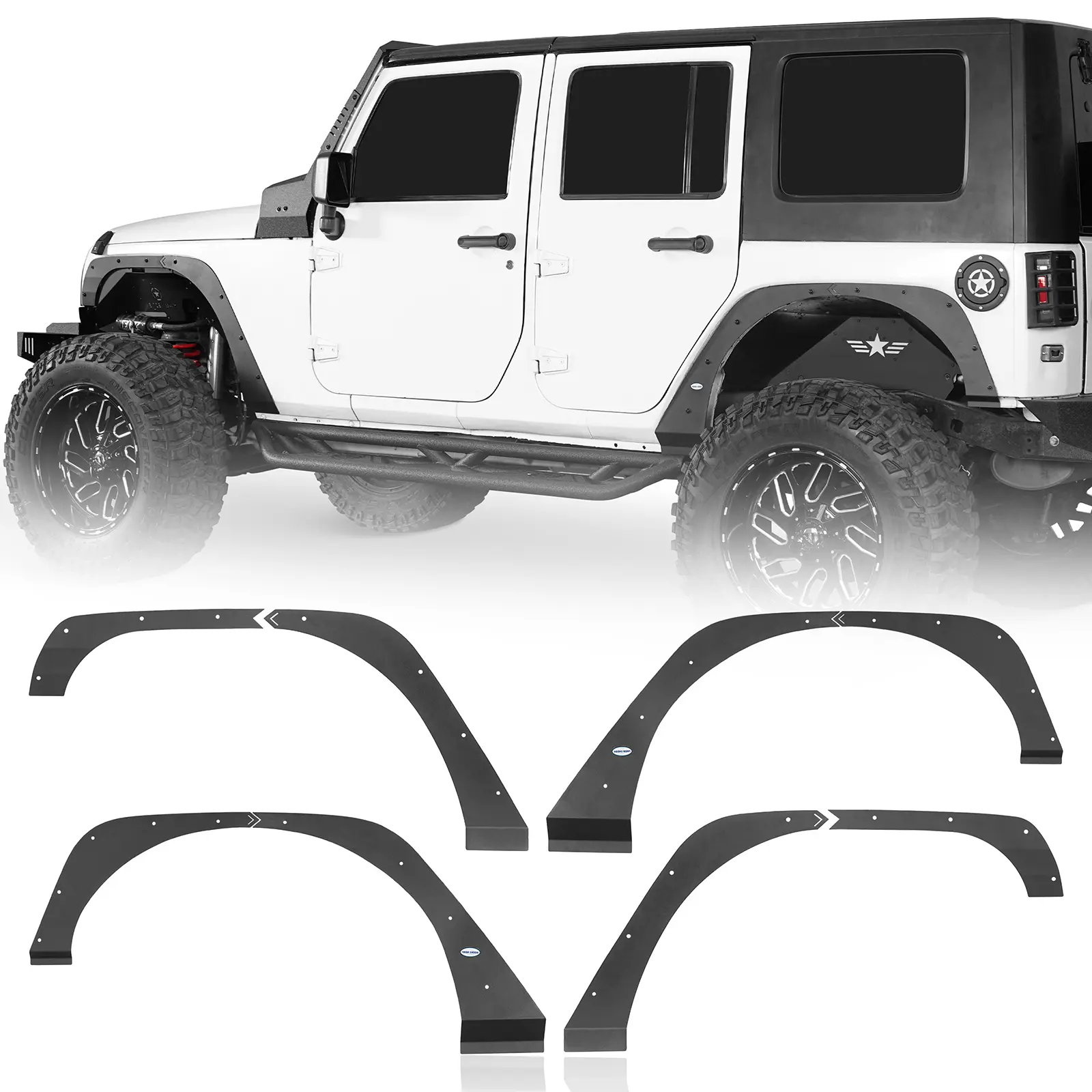 Hooke Road Heavy-Duty 14-Gauge Steel Front & Rear Fender Flare Kit with 4 Deletes for 2007-2018 Jeep Wrangler JK, Automotive Mud Flaps & Splash Guards, Car Exterior Accessories, Mounting Hardware Kit, Installation Instruction, E-Coat Durability, 15 lbs