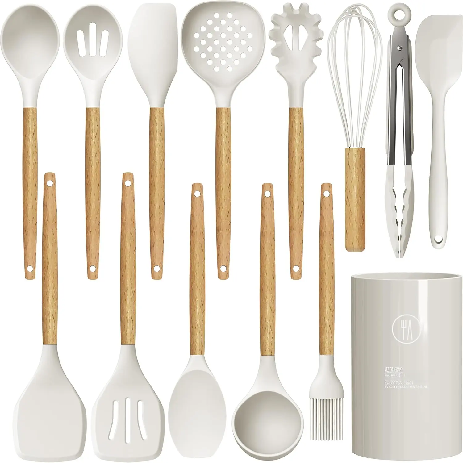 Silicone Cooking Utensils Set - 446?F Heat Resistant Silicone Kitchen Utensils for Cooking,Kitchen Utensil Spatula Set w Wooden Handles and Holder for Non-Stick Cookware, BPA FREE (Cream White)