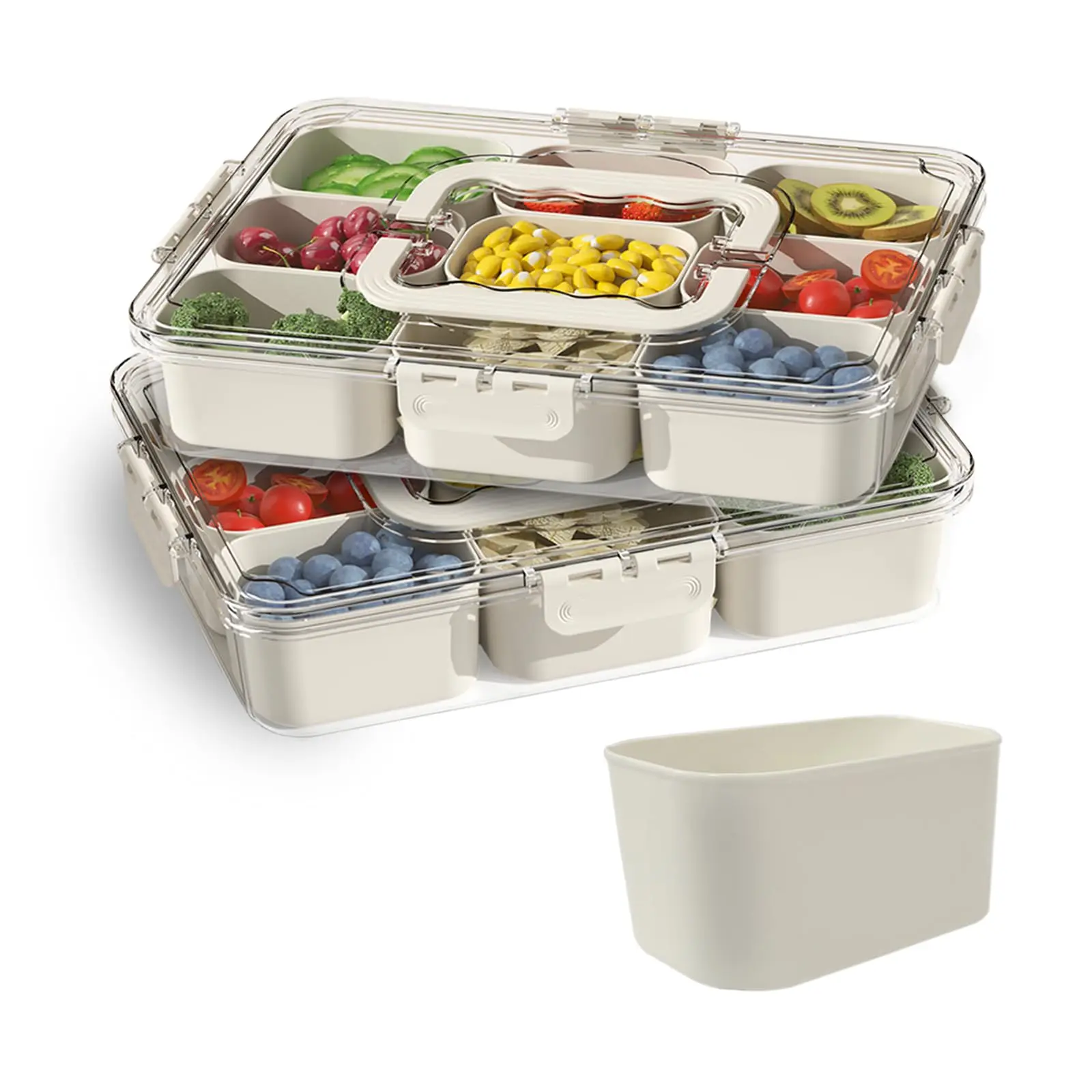 Sturdy Silicone Portable Compartmented Food Container - Round & Rectangle Transparent Re-Sealable Storage Snackle Boxes with Handle, Lid, 8 Removable Compartments, Stackable Dishwasher-Safe for Kitchen Charcuterie Boards, Party Trays