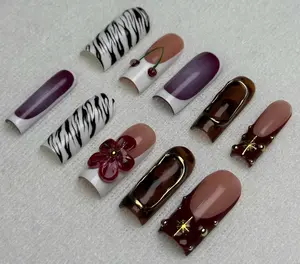 Y2K Ombre Press On Nails Spring Flower & Water Drop Design Glossy Finish Easy Application 10 Nails 20 Tabs Strong Glue Bottle Mini File Manicure Wooden Stick Alcohol Pads