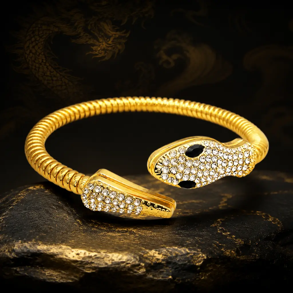 Women's Gold-Tone Animal Snake Motif Open Cuff Bangle - 6.1 in Inner Circumference, Paved Cubic Zirconia, Titanium Steel, Tarnish-Proof, Adjustable, Waterproof, Metal Coated, Modern Daily Accessory, Anniversary Gift