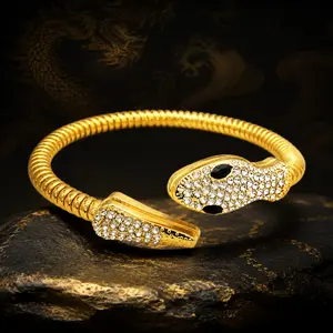 Women's Gold-Tone Snake Open Cuff Bracelet - Cubic Zirconia Pave Setting, Adjustable Titanium Steel Bangle, Waterproof, Tarnish-Resistant, Dark Luxury Oriental Totem Serpent Jewelry, Flexible Fit for All Wrist Sizes, Daily Statement Piece