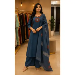 Natural Cotton A-Line 3-Piece Set with Mirror Work