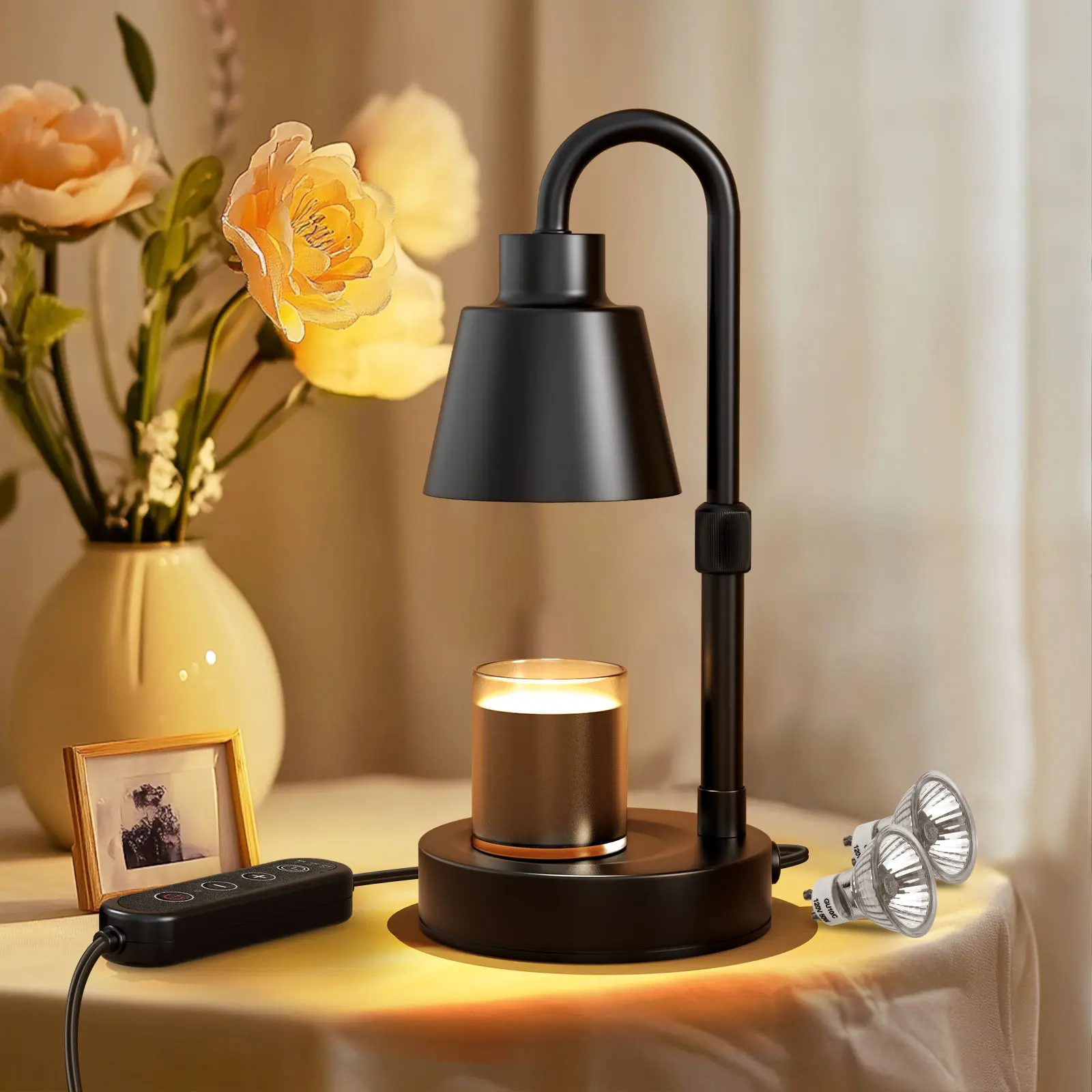 Candle Warmer Lamp,Electric Candle Warmer with Dimmable Light,Scented Wax Melter,No Smoke,Compatible with Various Jar,with 2 Light Bulbs,Home Decor Gifts-Black