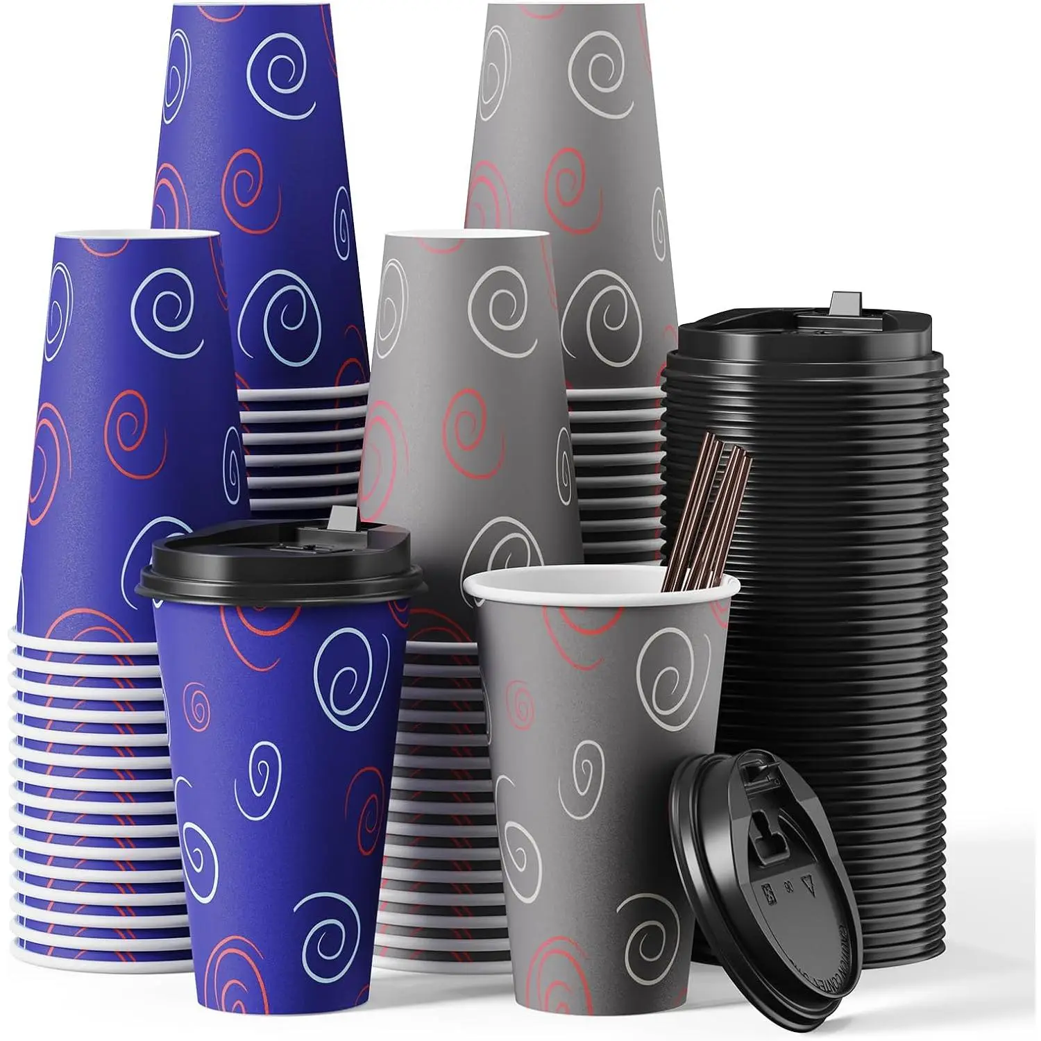 100 Pack 16 oz Paper Cups, Disposable Coffee Cups with Lids and Straws for Drinking Water, ,  for Home, Shops and Cafes