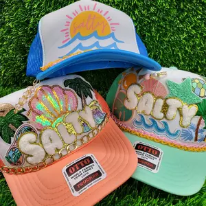 Summer Themed Salty or Travel themed trucker hats in a high-profile Otto foam snapback.