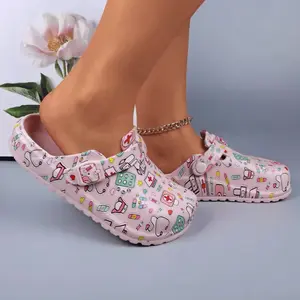 Pink Medical Healthcare Workers Cartoon Print Platform EVA Clogs Mules Walking Shoes with Adjustable Buckle Water-Resistant Comfortable Fit for Nurses Doctors & Everyday Use