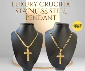 14K Stainless Steel Cross Pendant Gold Plated Rope Chain/ Figaro Link/ Miami Cuban Chain 24" Religious Piece Faith Jewelry