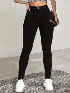 Women's Fashion Stretch Tight Jeans Bottom, Elegant Loose-Fitting Solid Pattern, All-Seasons Clothing, Made in China