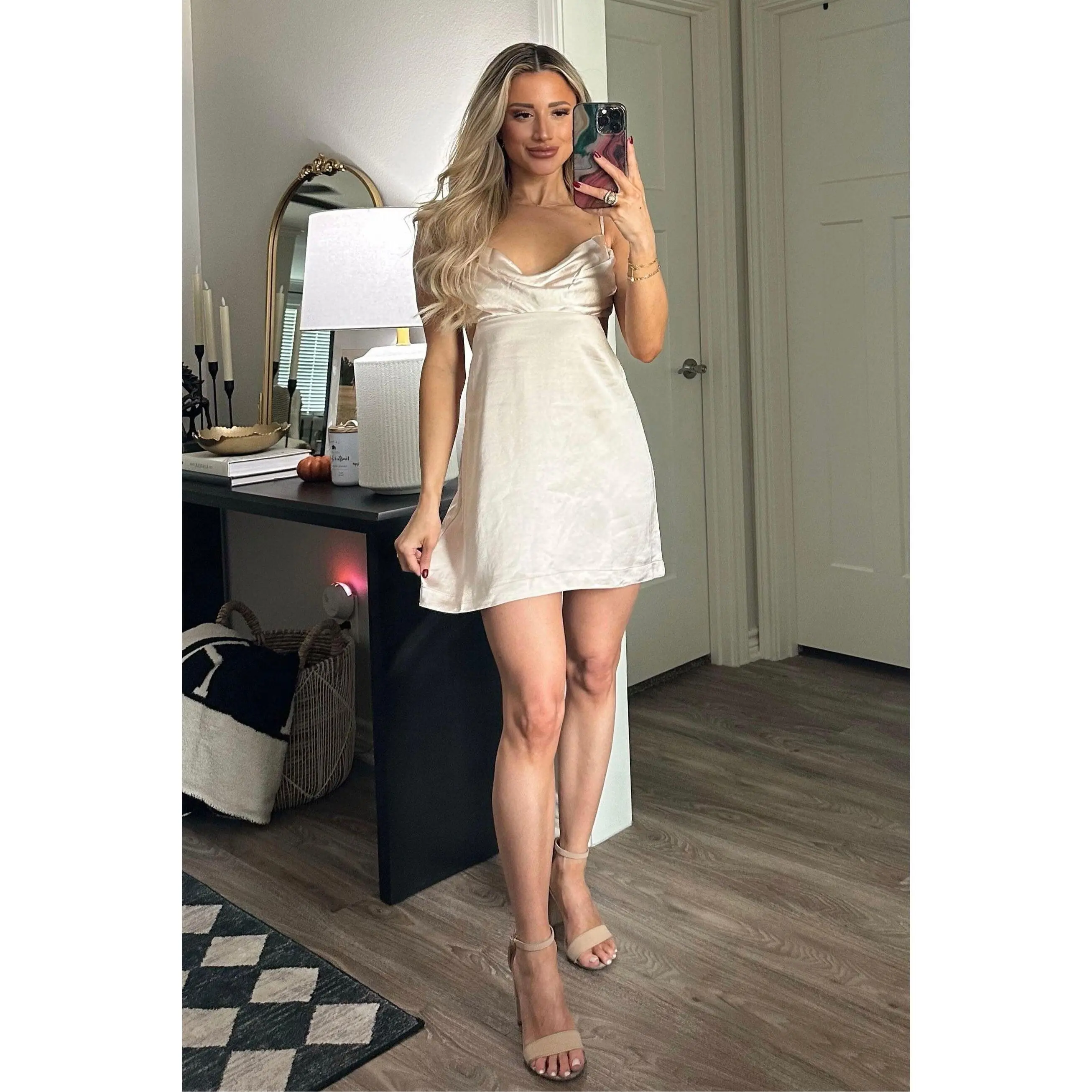 Ginny Satin Open Back Mini Dress: Ivory Champagne