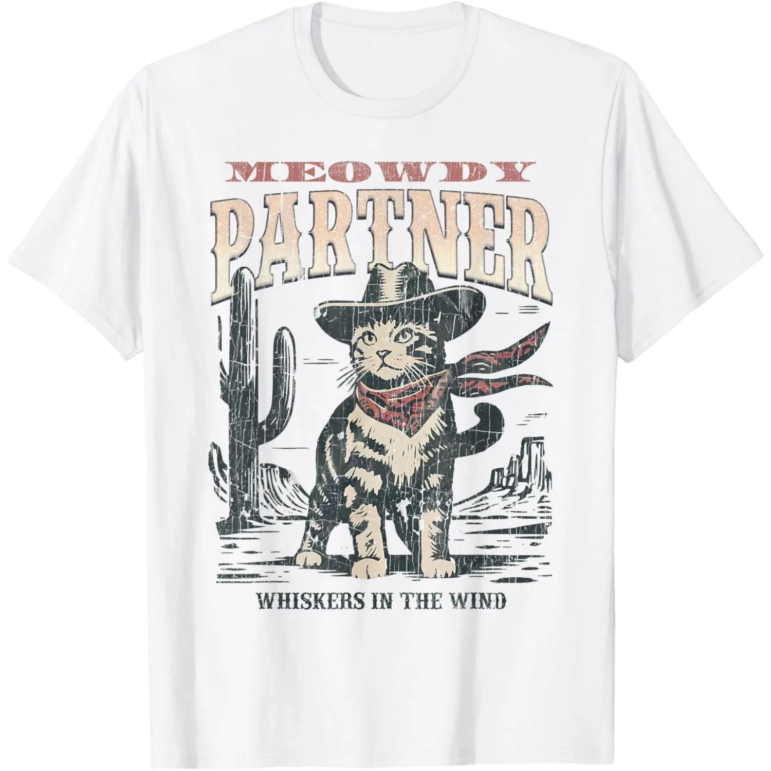 Men's Lightweight Short-Sleeve Vintage Cowboy Cat "Meowdy Partner" Menswear Tee - Breathable Soft Cotton Chic Classic All Seasons Cold Wash Holiday Casual Top