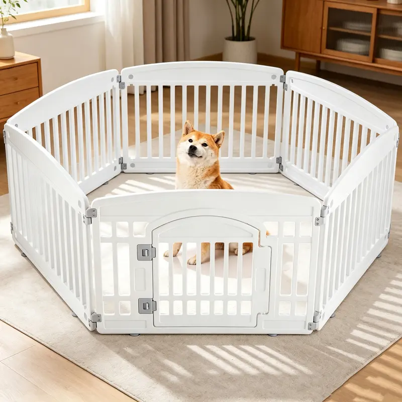 Portable Dog Playpen Enclosure - 24" Tall 4/6-Panel Expandable Pet Fence, Locking Door, Non-Toxic Plastic, Rounded Corners, Easy-Clean, Folds Flat, Indoor/Outdoor Use for Small-Medium Dogs, White Exercise Puppy Playpen