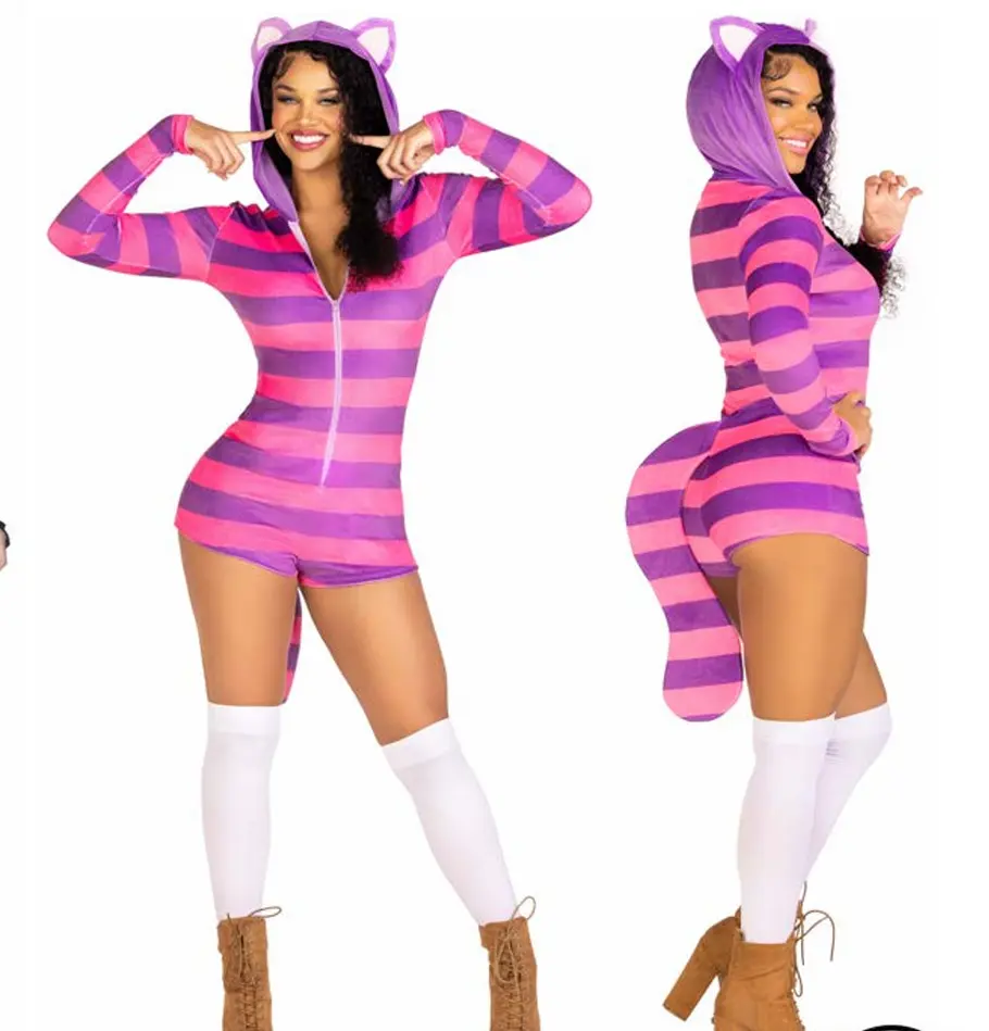 Women's Soft Velvet Cheshire Cat Onesie Clothing - Comfy Costume, Zipper-Equipped Loungewear for Halloween