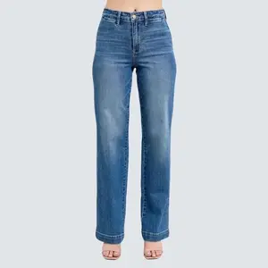 Judy Blue Women's Comfortable Full Size High Waist Contrast Thread Straight Plus Size Denim Jeans, Basic Elegant Stretchy Spandex Womenswear Bottom