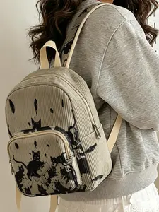 1 piece of 2D printed lady's backpack with black cat pattern, corduroy texture + layered storage + light weight reduction | perfect for students to go to class/shopping/short trips | combines atmosphere with practicality