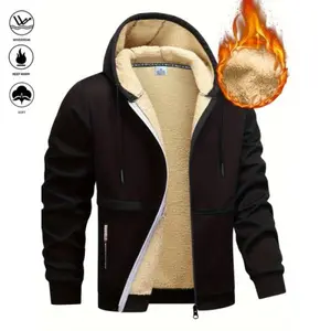 Men's Winter Fleece Hoodie - Thick, warm jacket with adjustable drawstring hood, ribbed cuffs, and zipper front closure; perfect for outdoor hiking, jogging, fishing, gym workouts, or casual wear; fleece lining provides windproof structure Coats Menswear