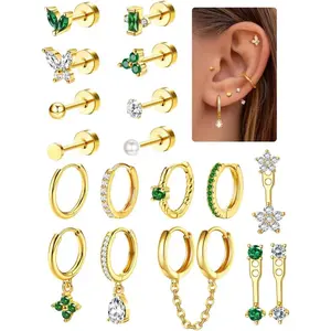 (NOT Sold in Pairs) 18pcs Single Stainless Steel Flat Back Earrings for Women 18K Gold Plated Green Cubic Zirconia Mix Match Ear Studs Set Trendy Piercing Jewelry Gifts Hypoallergenic 20G Gauge