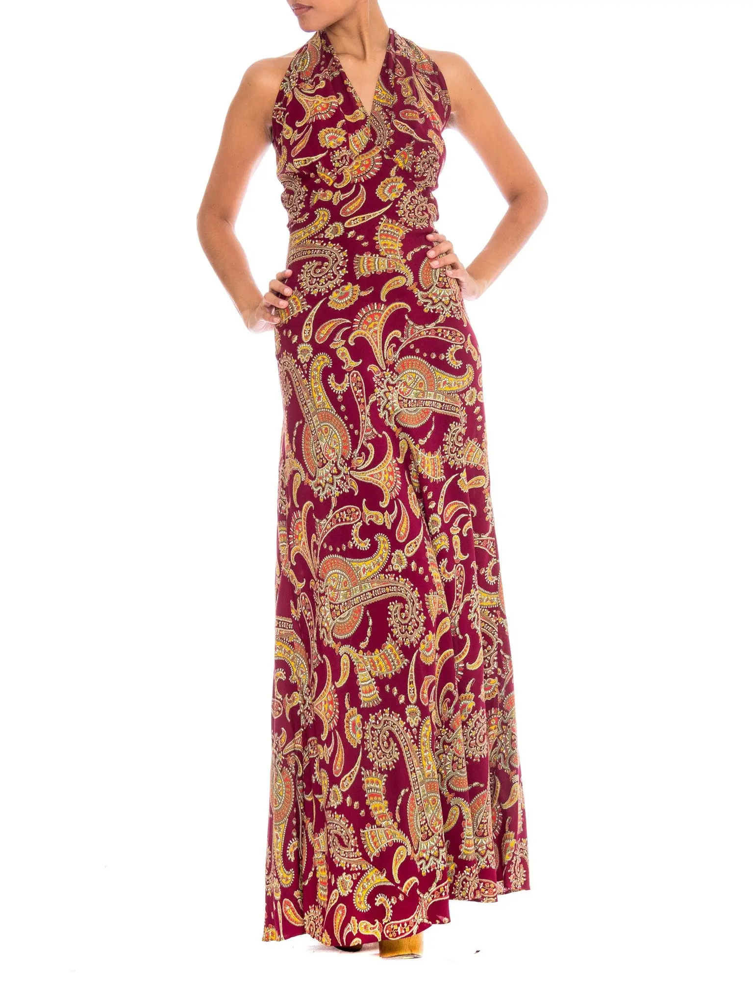 1930S Cranberry Red Paisley Rayon Backless Bias Cut Slip Dress