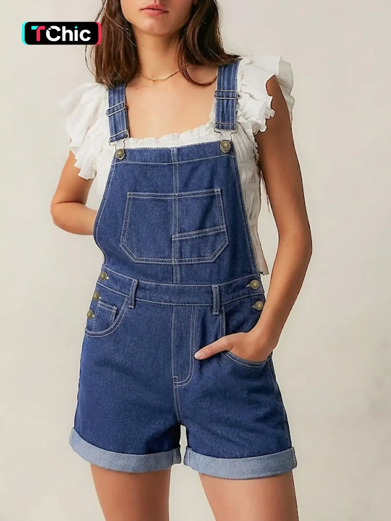 GILIPUR Women's Dark Blue Washed Denim Cargo Short Overalls Belt, Adjustable Straps Loose Fit Bib Romper with Multi Pockets Rolled Hem, Casual Vintage Streetwear Summer Beach Vacation Daily Outfits for Women TChic