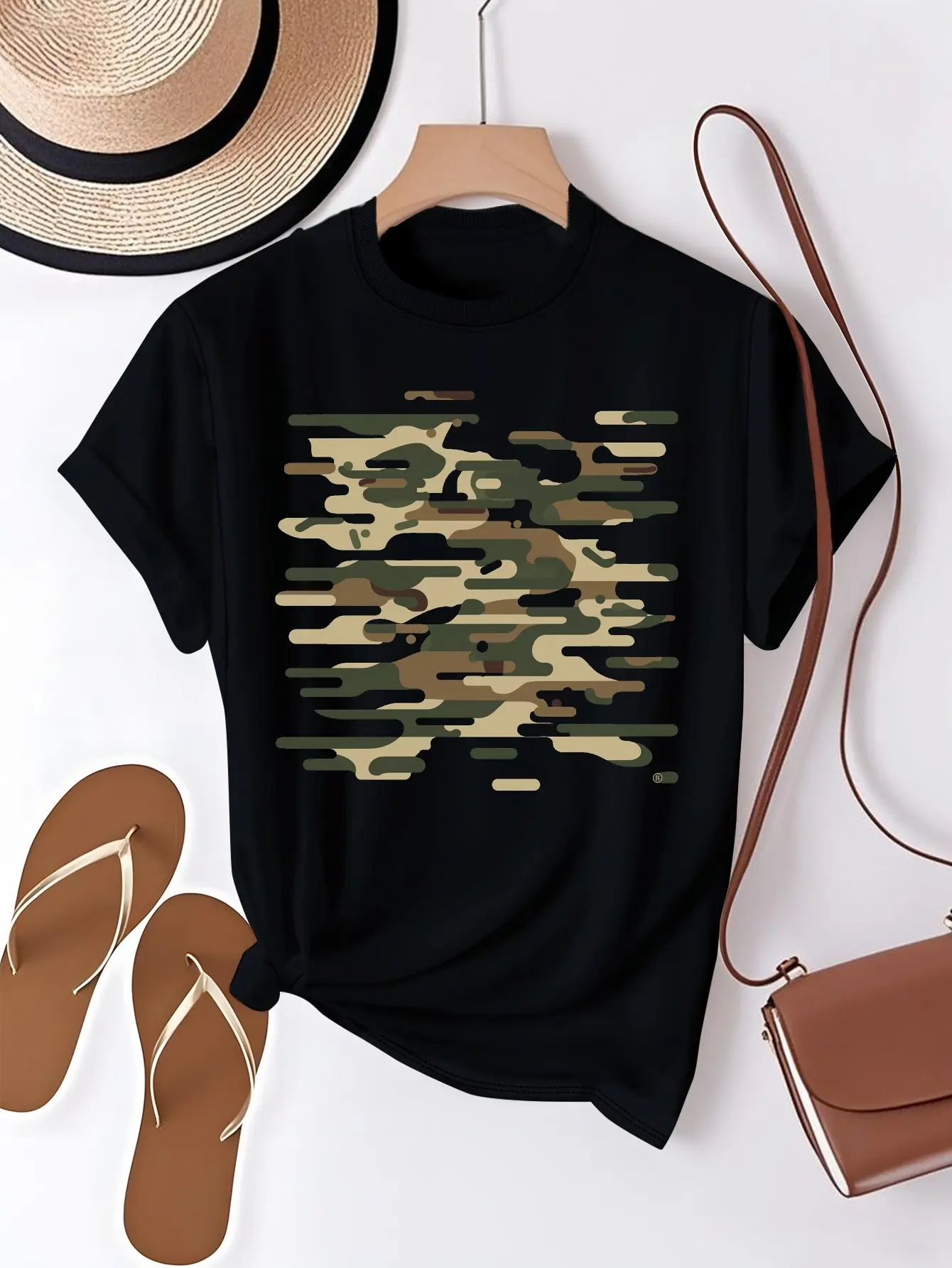 A Solid Color Military Camo T-Shirt for Women Featuring a Comfortable Design