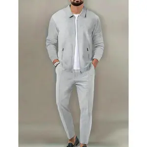 Men's Solid Zip Up Jacket & Drawstring Waist Pants Two-piece Set, Men's Two-piece Outfits for All Seasons