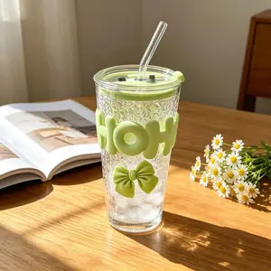New Thick Colored Silicone Glass Cup, Boxed with Glass Straw, Heat-Resistant Sleeve, Non-Slip Protector, Reusable Drinking Cup, Coffee Cup, Milk Cup
