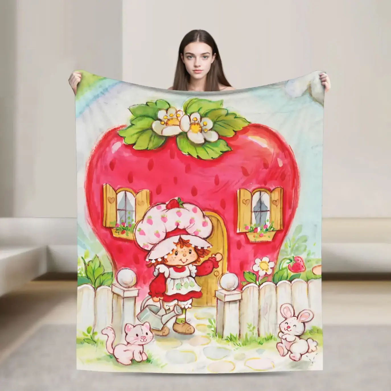 Strawberry Shortcake Cottage Throw Blanket, Cute Vintage Cartoon Character Fleece Blanket, Ultra Soft Cozy Plush Blanket for Bedroom Decor, Couch Sofa, Living Room, Dorm Room, Kids Teens Adults, Nostalgic Cartoon Fans Gift, Birthday Gift