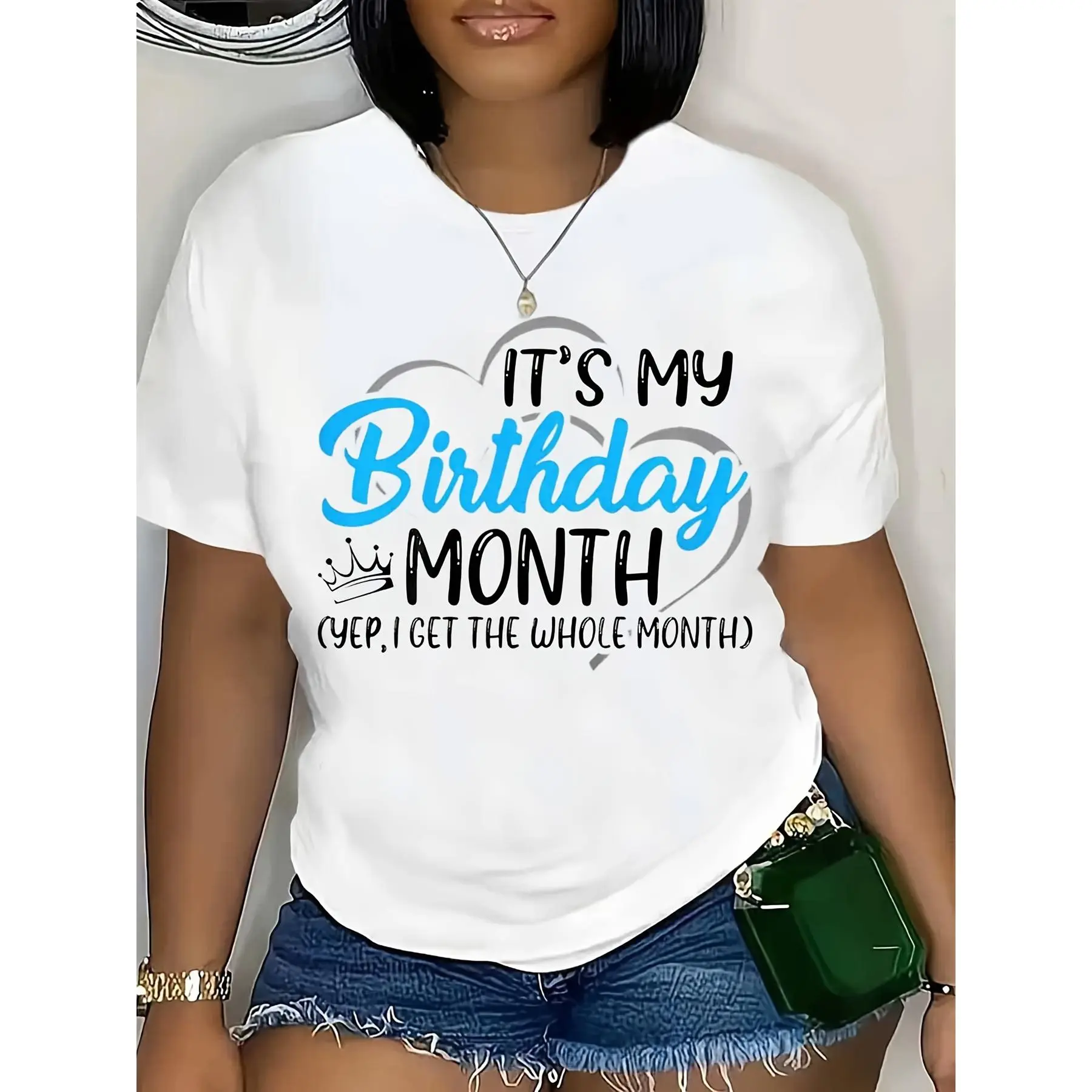 Women's Plus Size Cotton Shortsleeve T-Shirt - Round Neck Casual Summer Top, "This Is My Birthday" Slogan with Crown Balloon Print, All White with Blue Letters, Machine Washable (1-12 Months), Fabric, Tshirt
