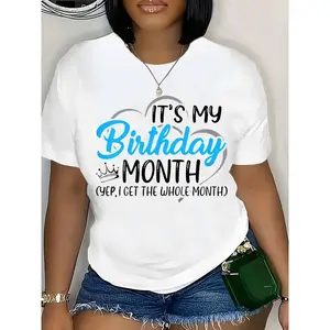 Women's Plus Size Birthday Month Cotton Fabric T-Shirt, Round Neck Short Sleeve Casual Top, "This Is My Birthday" Slogan with Crown Balloon Print, All White with Blue Letters, Machine Washable Summer Party Outfit (1-12 Months)