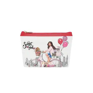 Nikky Small Illustrated Cosmetic Zip Pouch with Pink Balloons and Cityscape Design Compact Stylish Organizer for Cosmetics Brushes and Toiletries