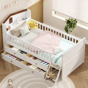 White Twin Size Wooden Bed Frame with 4 Storage Drawers, Low Loft Design, LED Lights, Storage Headboard, Full-Length Guardrail & Ladders, Wooden Construction, No Box Spring Needed, Easy to Assemble