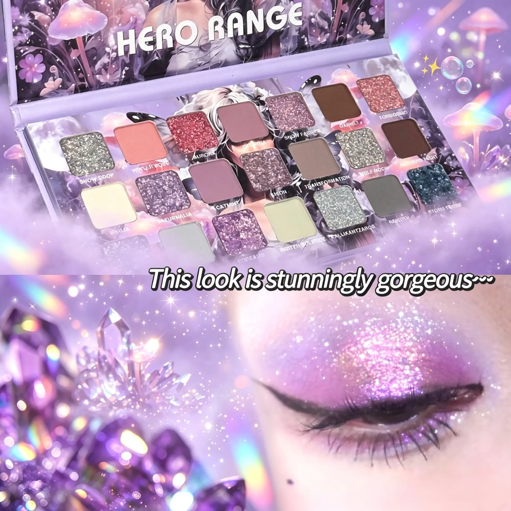 HERORANGE Anime Flower Fairy 21-Color Eyeshadow Palette | Sparkling Shimmer, Matte & Metallic!  Beginner-Friendly, No Fallout & Long-Lasting. Easy Removal. The Perfect Christmas Makeup Gift Set for Teens 。