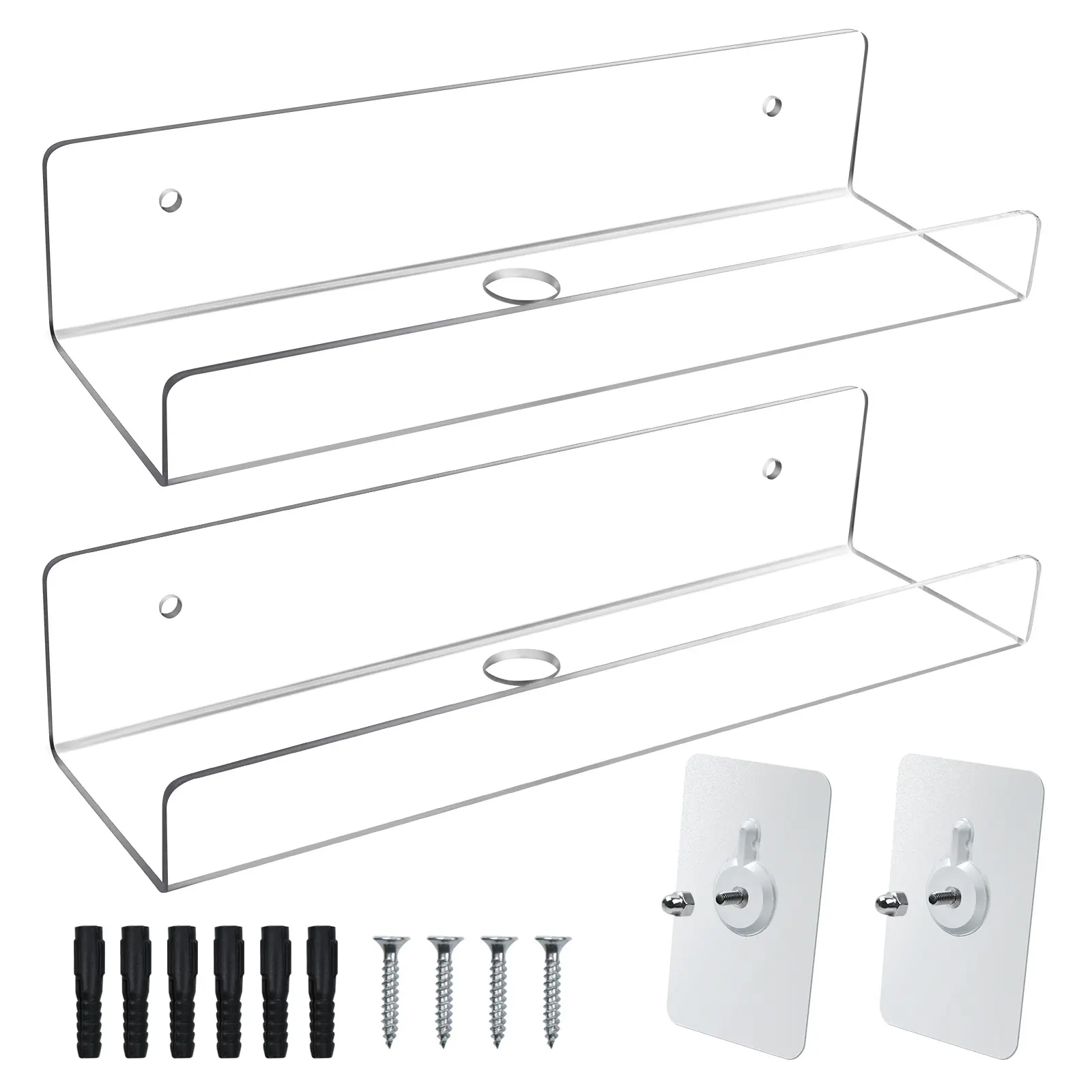 Mocoosy 2 Piece Clear Acrylic Floating Shelf, Storage Shelf (10''), Invisible Wall Mounted Shelf with Wire Holes for Smart Speakers/Anime Characters Small Display Shelf, Perfect for Displaying in Den, Bathroom and Office.