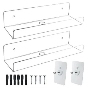 Mocoosy 2 Piece Clear Acrylic Floating Shelf, Storage Shelf (10''), Invisible Wall Mounted Shelf with Wire Holes for Smart Speakers/Anime Characters Small Display Shelf, Perfect for Displaying in Den, Bathroom and Office.