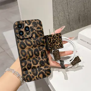 5 Piece Set Leopard Print Phone Case, Charger Head Cover, Cable Protector, Storage Rope, Anti-Drop Tpu Case, Accessories for iPhone 6-17 Pro Max