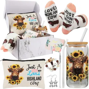 6 count Highland Cow Gifts Set for Women Christmas Gifts Cow Lovers 16oz Glass Cups Just a Girl Who Loves Highland Cow Makeup Bag Cow Socks  Earrings and  Box for Women Mom Sister