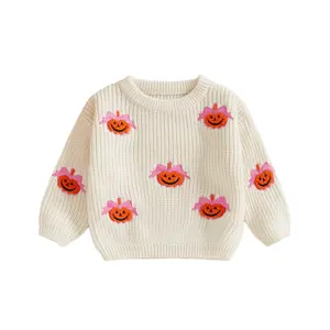 Toddler Newborn Girl Halloween Sweater Long Sleeve Round Neck Bow Pumpkin Embroidery Knit Pullover Tops