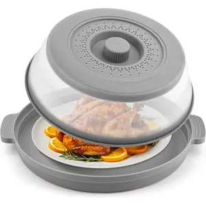 Microwave Splatter Cover for  with Anti-scald Base Plate,Large Plastic &  Vented Avoid Scalding Collapsible Guard Lid, Plate Holder & Kitchen Colander for Meal Prep-10.7 Inch (gray)