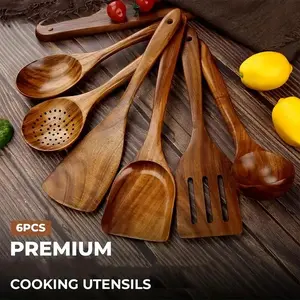 6-Piece Premium Wooden Cooking Utensils Set, Polished Non-Stick Safe Heat Resistant Kitchen Tools, Ideal for Pot Use, Baking Mixing Serving, Wooden Spoon, Small Kitchen Gadgets