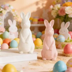 Cute Ceramic Easter Bunny Decoration, Vertical Stripe Design, Perfect for Bedroom, Living Room, Office, Home Desktop Ornament