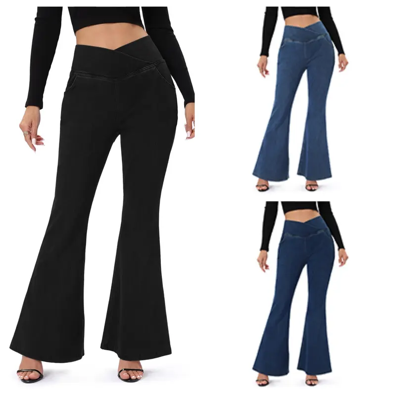 Bell Bottom Jeans for Women High Waisted Stretchy Flare Jeans Pull On Wide Leg Jean Woman V Cross Flare Leggings Pants