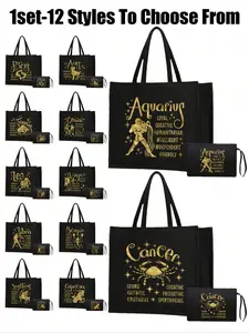 Golden Patterned Tote Bag And Small Bag With Twelve Zodiac Signs, Astrological Elements, Zodiac Sign,Black Linen Tote Bag, Including A Black Tote Bag And A Small Bag/Coin Purse, Personalized Gift Package,Birthday Present，Thanksgiving Gift