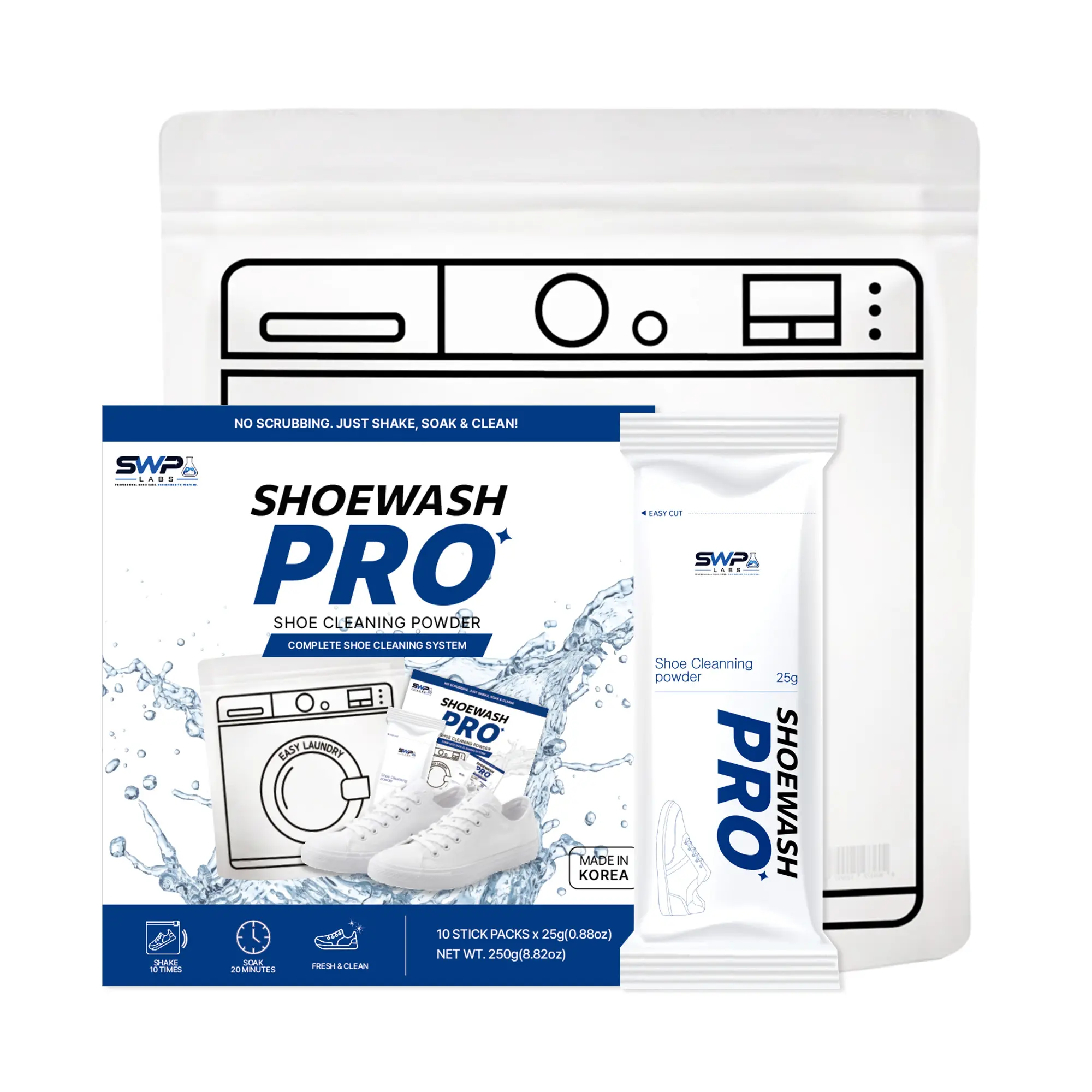 swp labs ShoeWashPro Professional Shoe Care Kit - Complete Footwear Care Set with Cleaning Powder, Brush, and Cloth for Maintenance