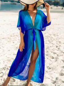 One-Piece Kimono Hoodie Gradient Blue Print Loose Casual Sun Protection Beachwear, Women's Summer Fashion, Comfortable and Stylish